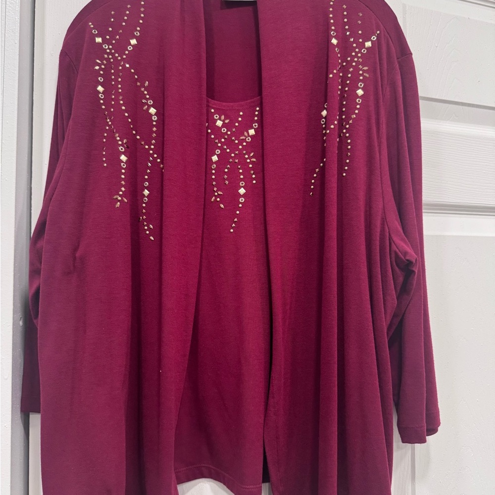Alfred Dunner Burgundy
 Cardigan with Rhinestone Embellishments